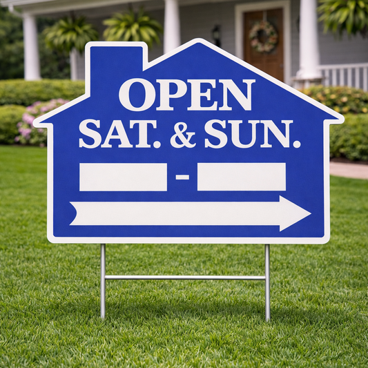 18x24" Blue House - Open Sat & Sun _ to _ w/ Blank Arrow