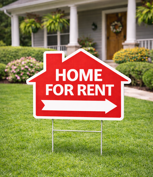 Home for Rent sign in front of a house with a green lawn